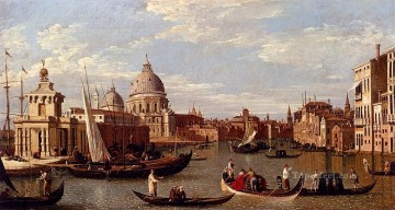 街並み Painting - 大運河とサンタ マリア デッラ 敬礼のボートとフィギュア カナレット ヴェネツィアの運河の眺め